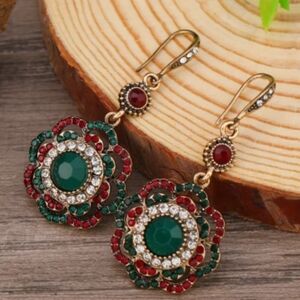 NWT Elegant Green and Red Floral Drop Rhinestone Earrings Gold Plated